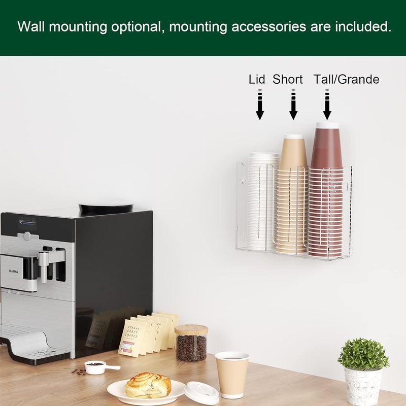 BOSSCASA Disposable Coffee Cup Dispenser with Handles, Countertop or Wall Mount Hot/Cold Drink Cup and Lid Holder - Bathroom/Kitchen/Office Acrylic Cup Lid Storage Organizer (3 Compartments, Clear) - Image 4